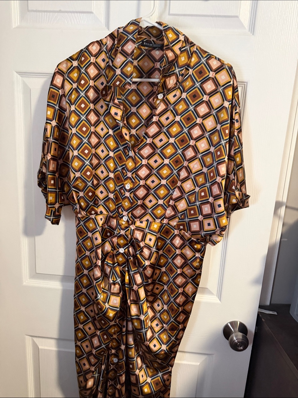 Women’s Geometric Print Silk-Feel Button-Up Midi Dress - Brown Multi